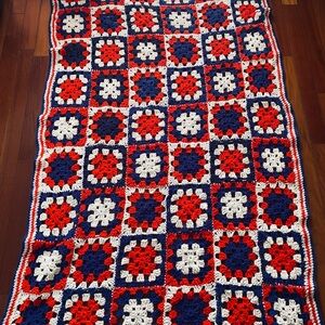 Handmade Granny Square Afghan Crochet Blanket - Red, Blue, and White